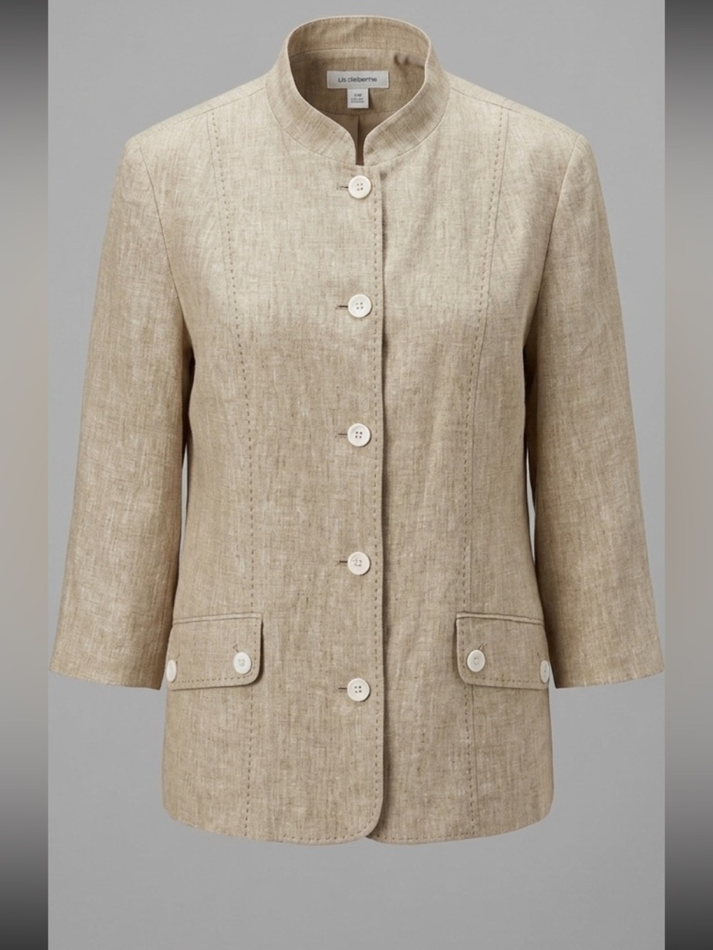 Dress Barn Linen Blend Jacket 16W Tan Neutral 3/4 Sleeve Lightweight Blazer